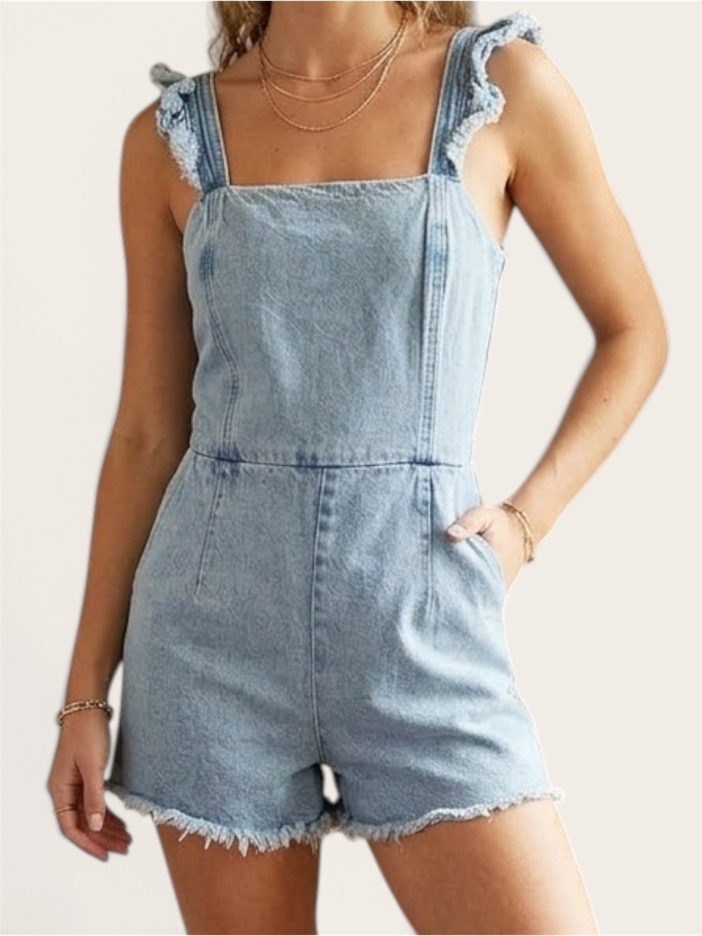 Honey Punch Light Blue Denim Ruffle Strap Romper